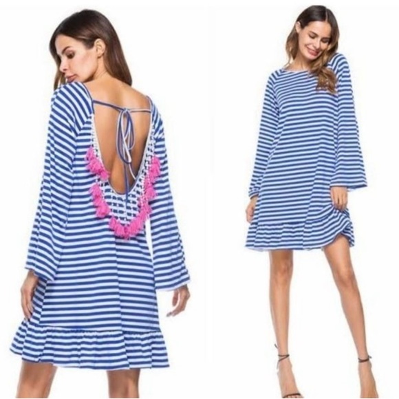 Philosophy Dresses & Skirts - Philosophy Women’s Blue & White Striped Open Tassel Back Dress Long Sleeve NWT
